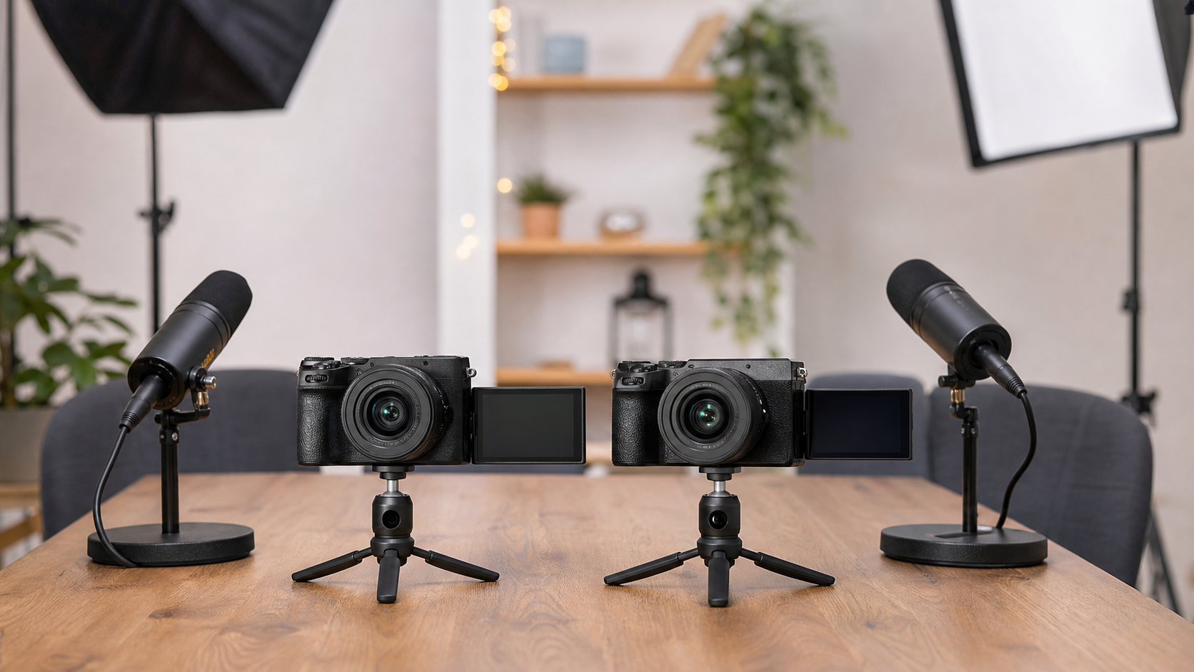 Dos cámaras mirrorless preparadas para grabar un videopodcast