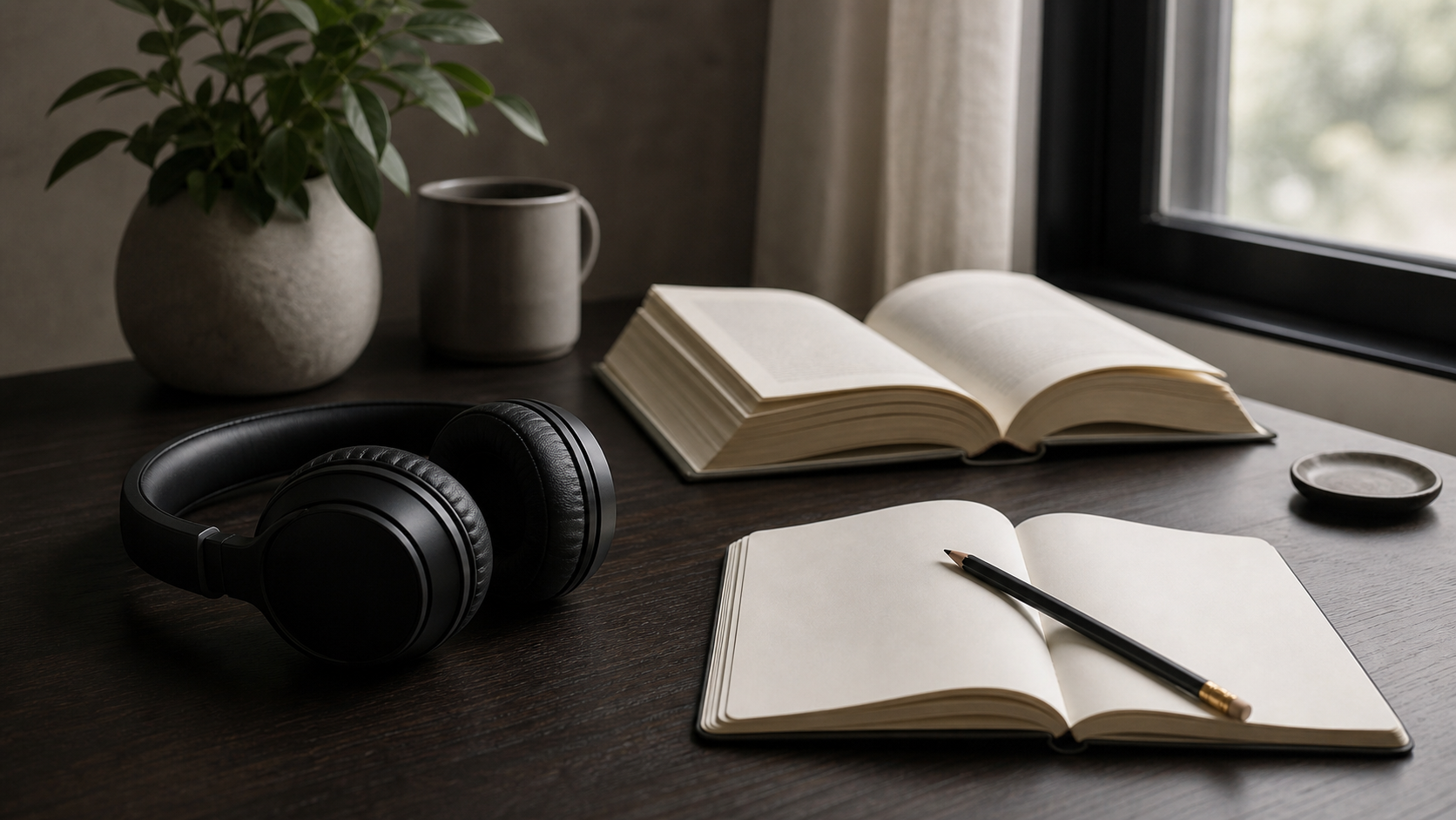 Libro abierto y auriculares para escuchar El hombre en busca de sentido