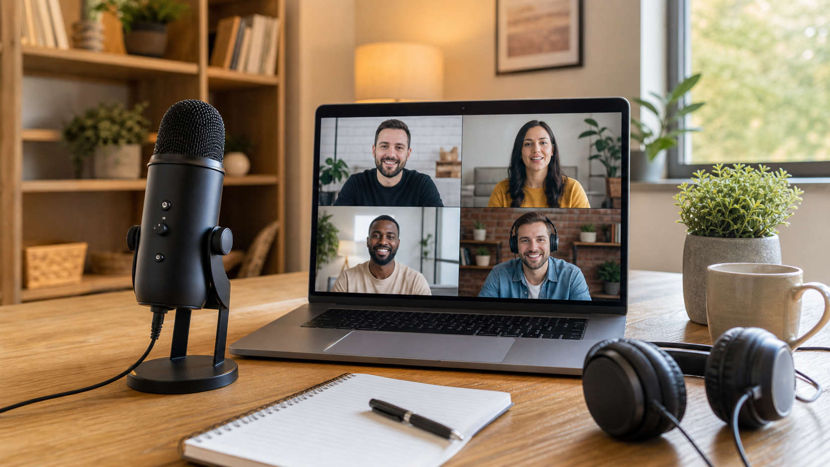Equipo para grabar un podcast remoto con micrófono y auriculares