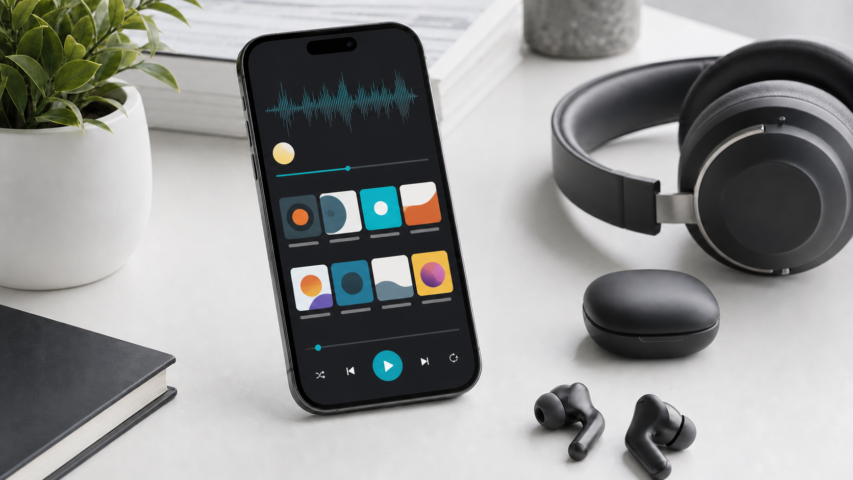 Teléfono y auriculares para comparar aplicaciones de podcasts