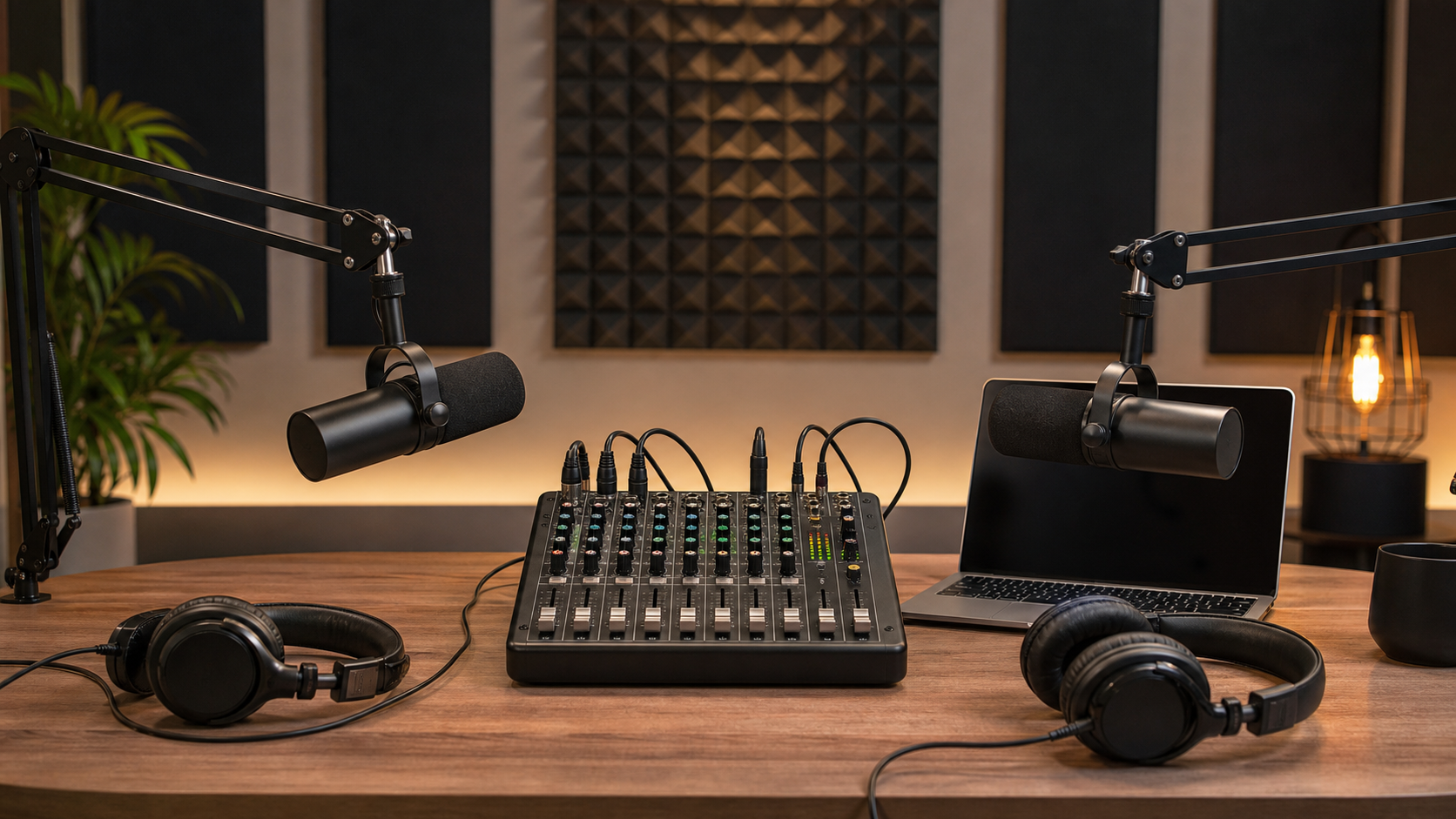 Mesa de mezclas con micrófonos y auriculares para podcast
